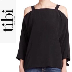 Tibi Black Silk Cold Shoulder Top Size Small 3/4 Sleeve Designer Blouse
